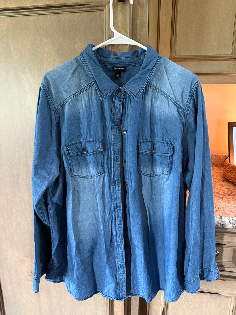 torrid women’s Washed Denim Button-Front Shirt in Blue